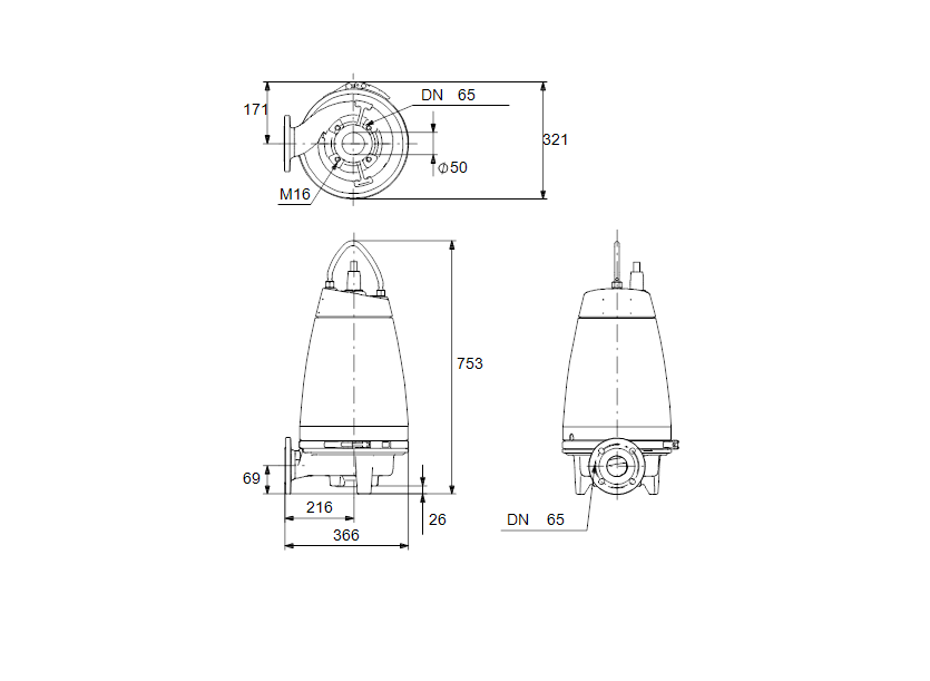 Габаритные размеры насоса Grundfos SE1.50.65.30.2.50D.B артикул: 96047517