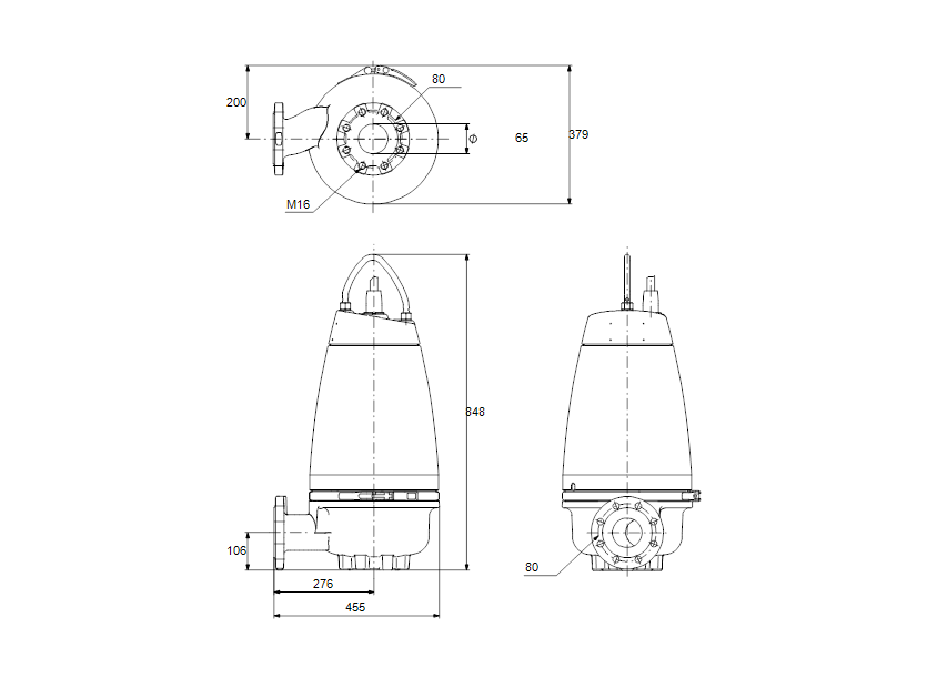 Габаритные размеры насоса Grundfos SEV.65.80.40.Ex.2.51D артикул: 96048205