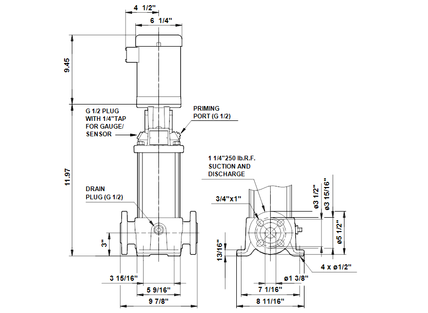 Габаритные размеры насоса Grundfos CR 1S-3 A-FGJ-A-E-HQQE артикул: 96081061