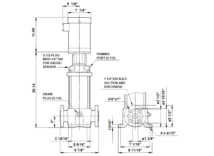 Габаритные размеры насоса Grundfos CR 1S-23 A-FGJ-A-E-HQQE артикул: 96081090