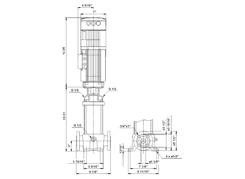 Габаритные размеры насоса Grundfos CRE 1-19 AN-FGJ-A-E-HQQE артикул: 96085196