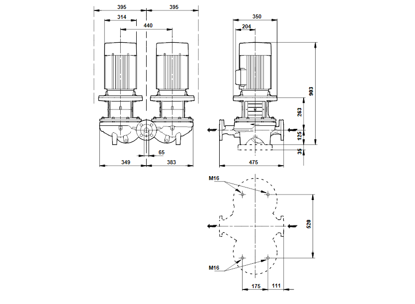 Габаритные размеры насоса Grundfos TPD 65-660/2-A-F-A-BQQE 400D 50HZ артикул: 96087588