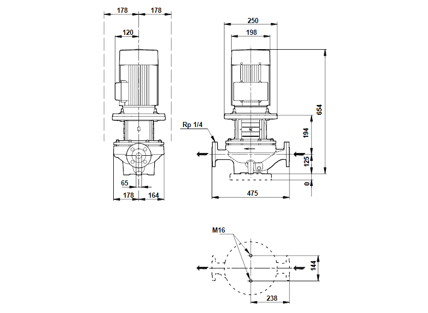 Габаритные размеры насоса Grundfos TP 65-150/4 A-F-A-BAQE артикул: 96087621
