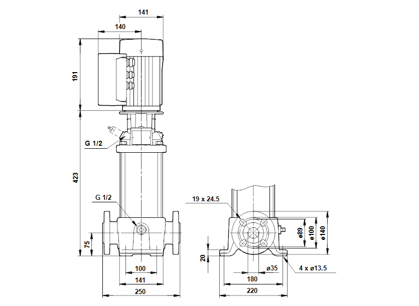 Габаритные размеры насоса Grundfos CRE 1-11 X-FGJ-A-E-HQQE артикул: 96092546