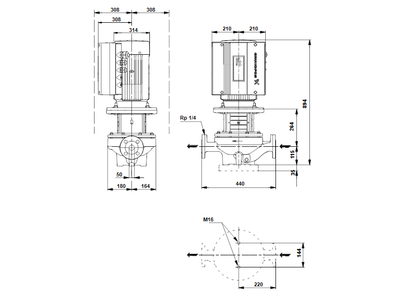 Габаритные размеры насоса Grundfos TPE 50-830/2-A-F-A-BQQE 3X400 50HZ артикул: 96096441