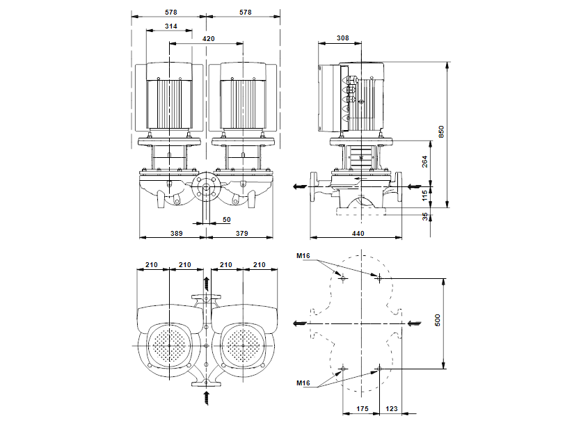 Габаритные размеры насоса Grundfos TPED 50-710/2-A-F-A-BQQE 3X400 50HZ артикул: 96096500