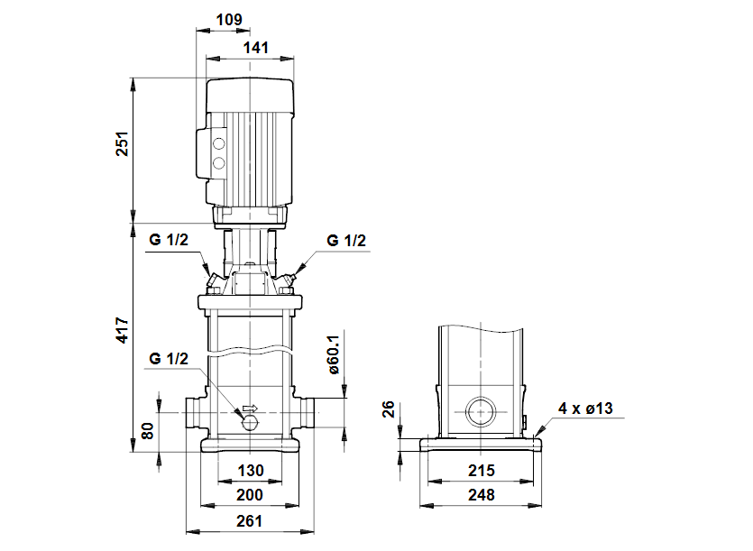 Габаритные размеры насоса Grundfos CRT 8-3 A-P-A-E-AUUE артикул: 96108241