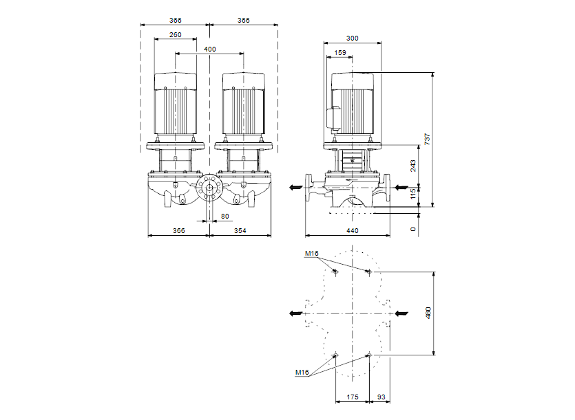 Габаритные размеры насоса Grundfos TPD 80-250/2-A-F-B-BAQE 400D 50HZ артикул: 96108811