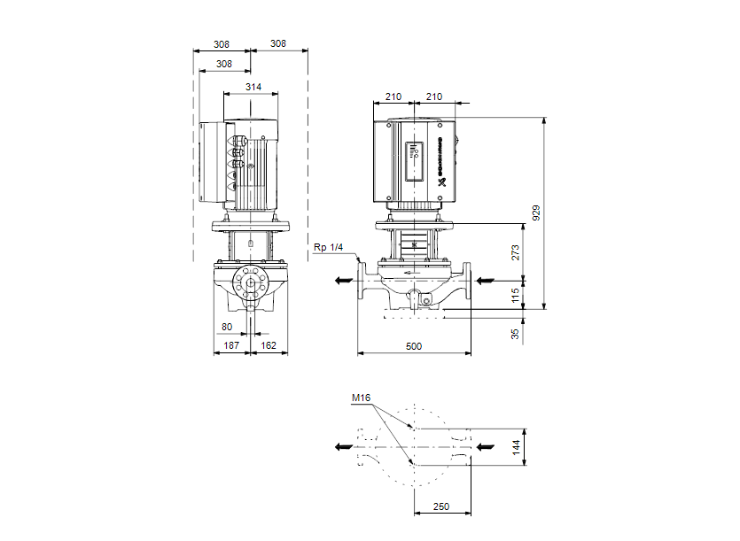 Габаритные размеры насоса Grundfos TPE 80-570/2-A-F-A-BQQE 3X400 50HZ артикул: 96110067