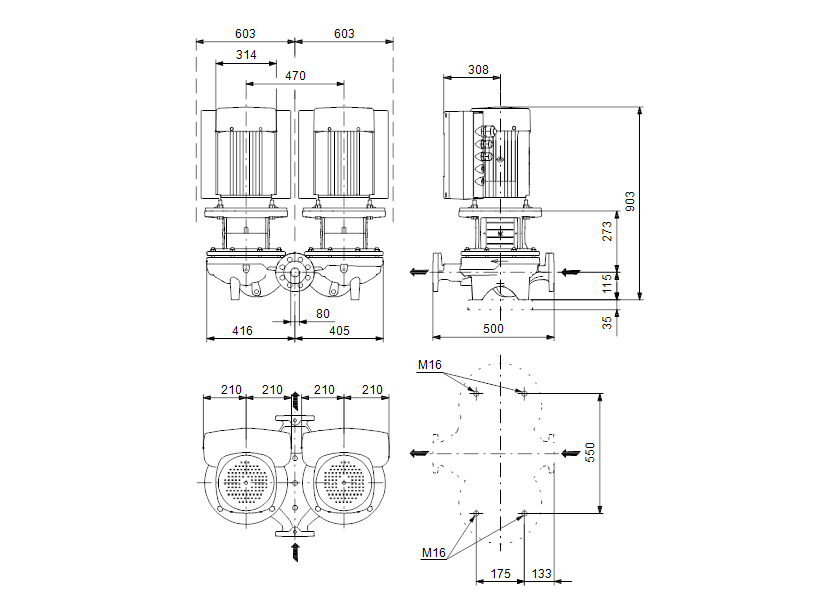 Габаритные размеры насоса Grundfos TPED 80-520/2-A-F-A-BAQE 3X400 50HZ артикул: 96110111