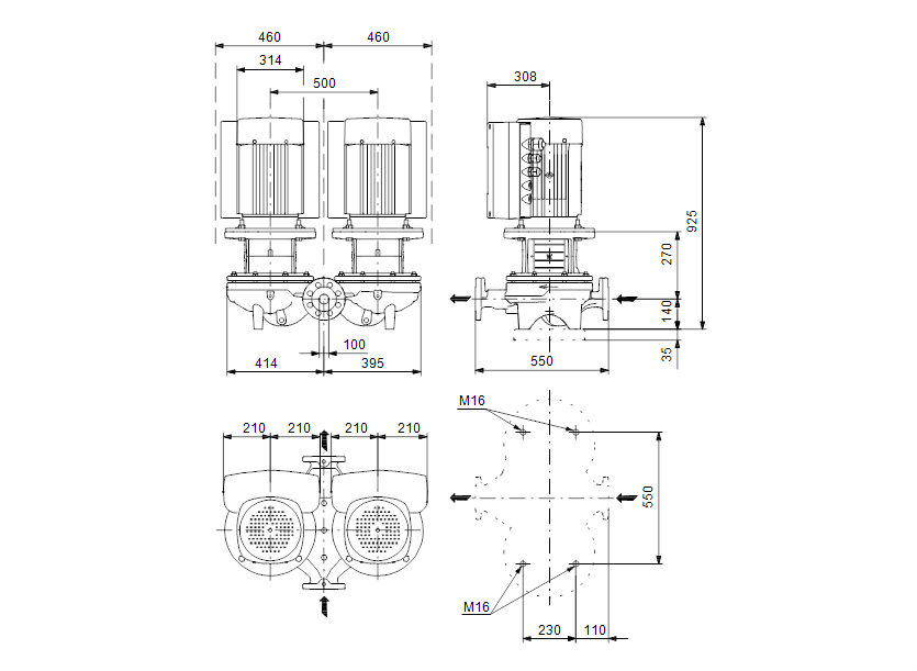 Габаритные размеры насоса Grundfos TPED 100-360/2-A-F-A-BAQE 3X400 50HZ артикул: 96110333