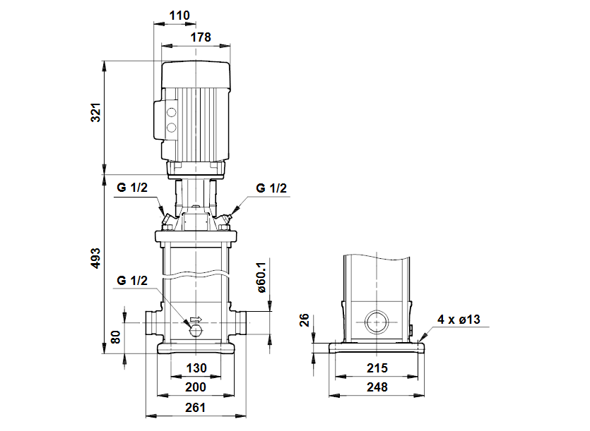 Габаритные размеры насоса Grundfos CRT 8-6 A-P-A-E-AUUE артикул: 96117227