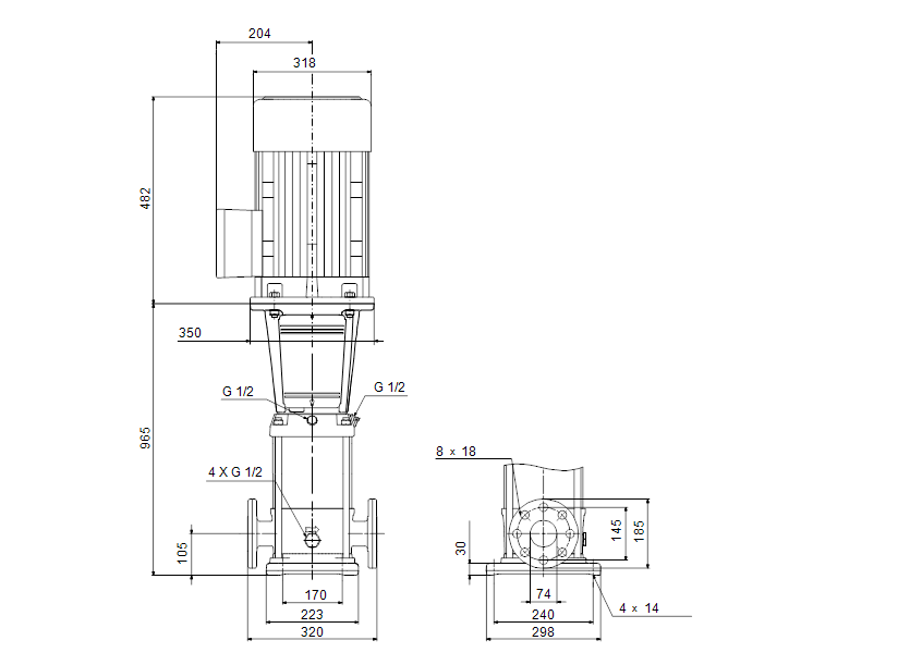 Габаритные размеры насоса Grundfos CR 32-6-2 A-F-A-E-HQQE артикул: 96121960