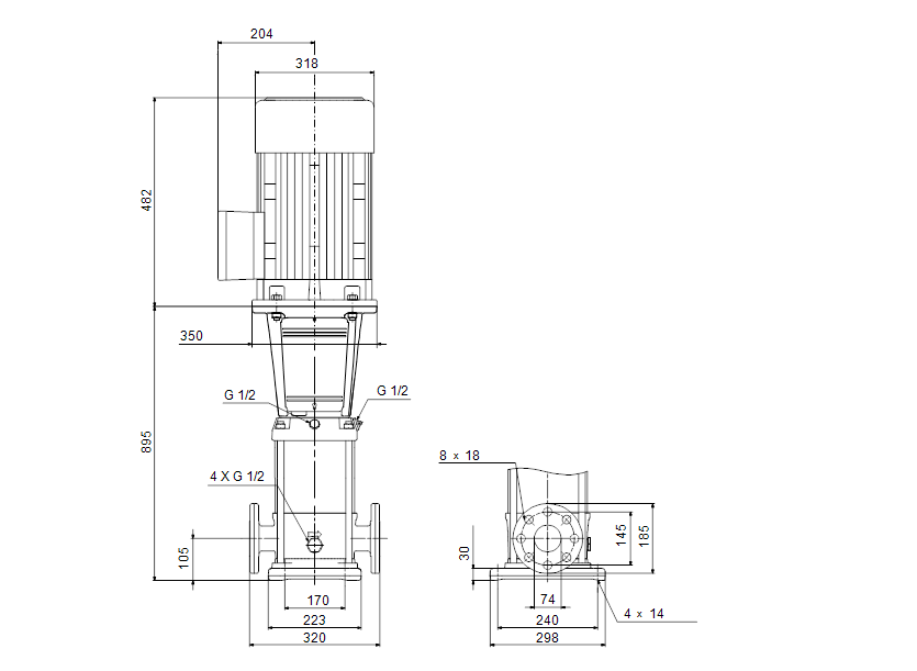 Габаритные размеры насоса Grundfos CR 32-5-2 A-F-A-V-HQQV артикул: 96122203