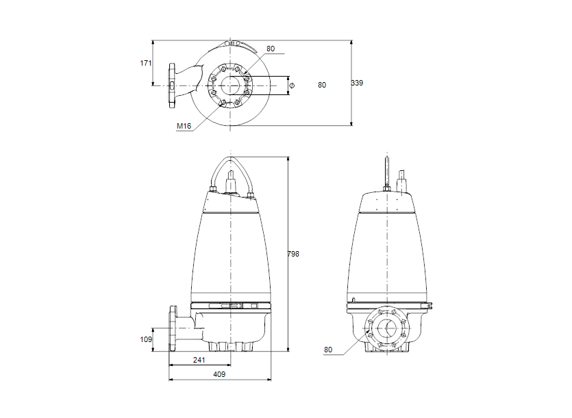 Габаритные размеры насоса Grundfos SEV.80.80.22.A.Ex.4.50D артикул: 96177706