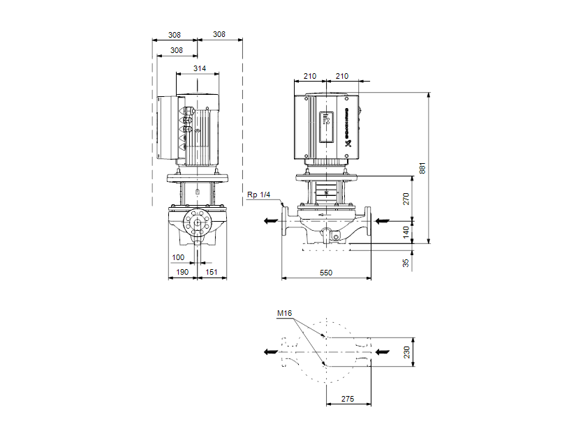 Габаритные размеры насоса Grundfos TPE 100-310/2-S-A-F-A-BQQE 3X400 50HZ артикул: 96275686