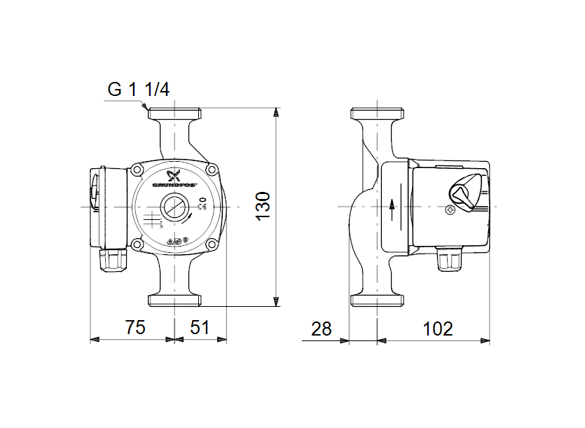 Габаритные размеры насоса Grundfos UPS 20-40 130 1x230V 50Hz 9H артикул: 96281371