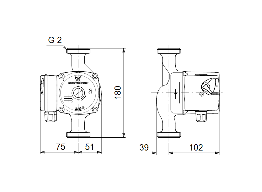 Габаритные размеры насоса Grundfos UPS 32-50 180 1x230V 50Hz 9H артикул: 96281435