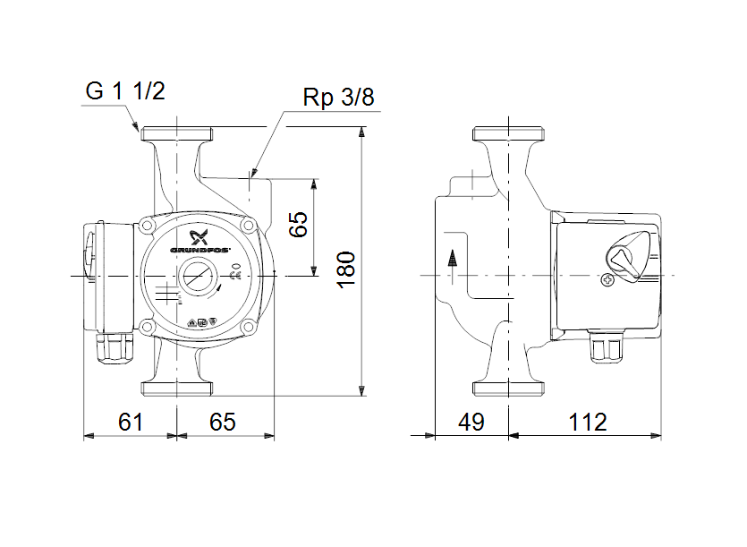 Габаритные размеры насоса Grundfos UPS 25-60 A 180 1x230V 50Hz 9H артикул: 96281491