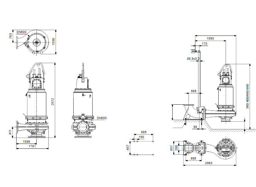 Габаритные размеры насоса Grundfos S3.135.500.1600.8.L.580.S.518.A артикул: 96293654