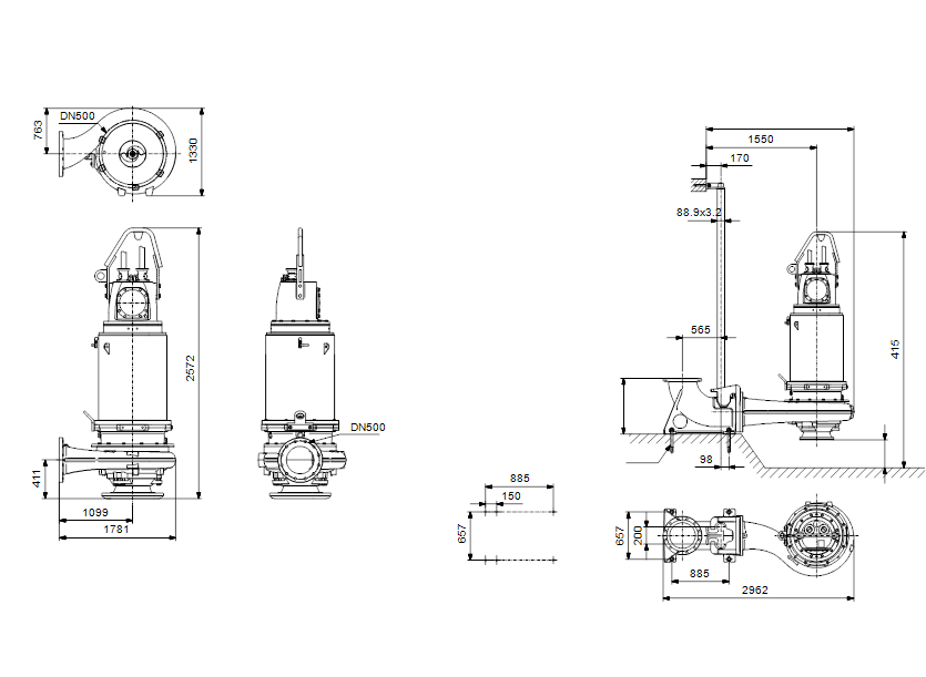 Габаритные размеры насоса Grundfos S3.135.500.1250.8.L.567.S.513.A артикул: 96293851