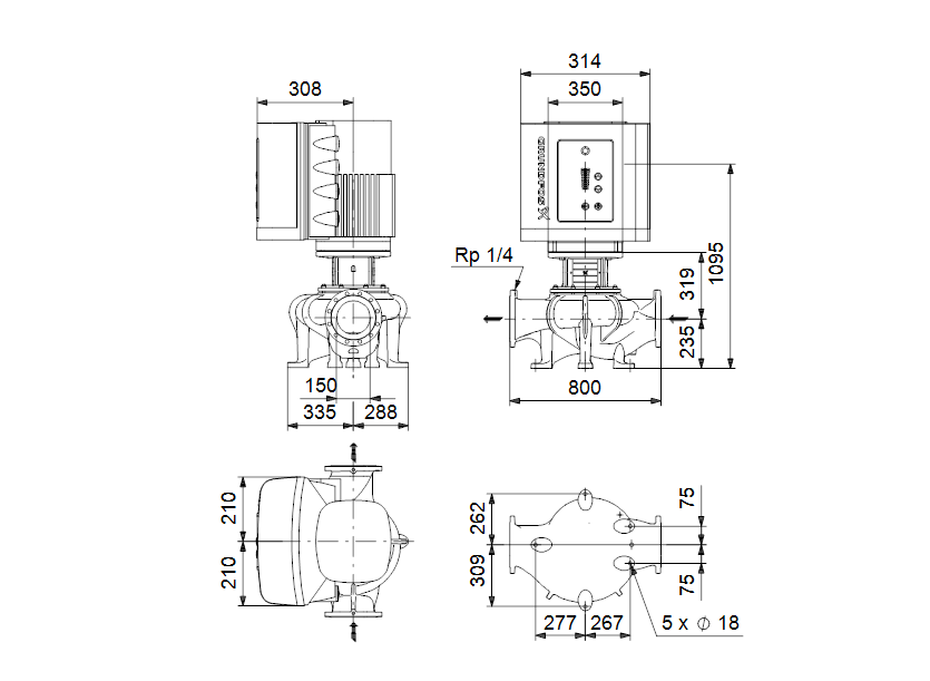 Габаритные размеры насоса Grundfos TPE 150-260/4-A-F-A-BAQE 3X400 50HZ артикул: 96306127