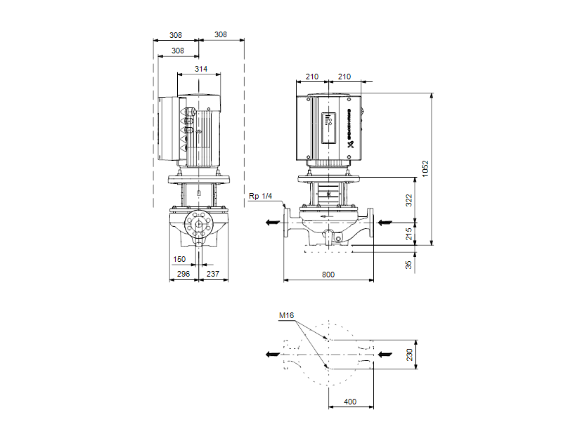 Габаритные размеры насоса Grundfos TPE 150-200/4-S-A-F-A-BAQE 3X400 50HZ артикул: 96382689