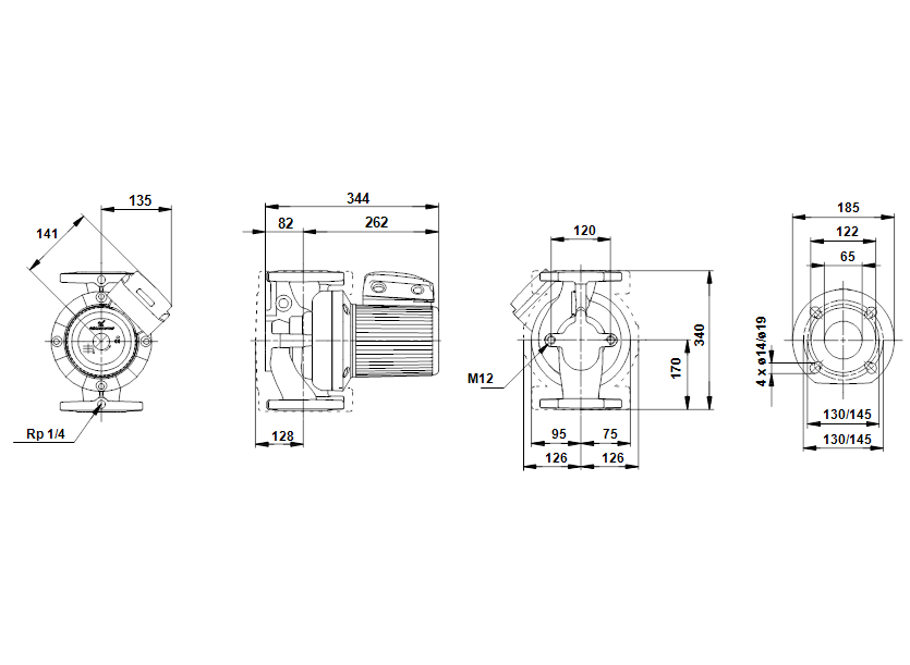 Габаритные размеры насоса Grundfos UPS 65-60/2 F 3x400-415V PN6/10 артикул: 96402260