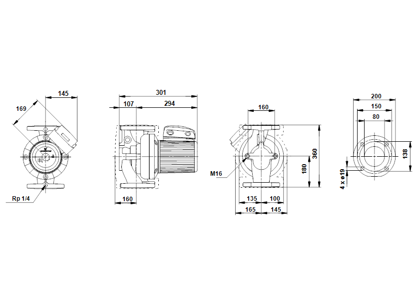 Габаритные размеры насоса Grundfos UPS 80-60 F 3x400-415V PN6 артикул: 96402391