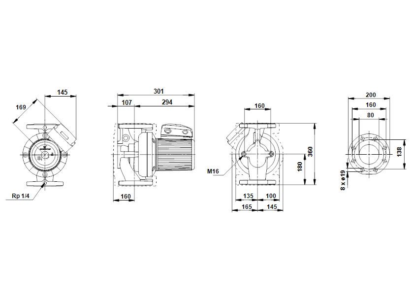 Габаритные размеры насоса Grundfos UPS 80-60 F 3x400-415V PN10 артикул: 96402392