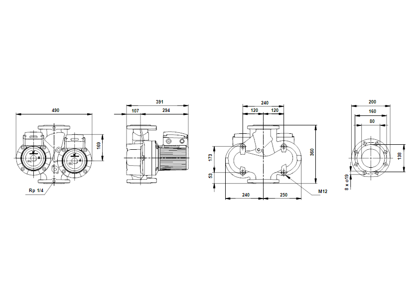 Габаритные размеры насоса Grundfos UPSD 80-60 F 3x400-415V PN10 w/relay артикул: 96402398