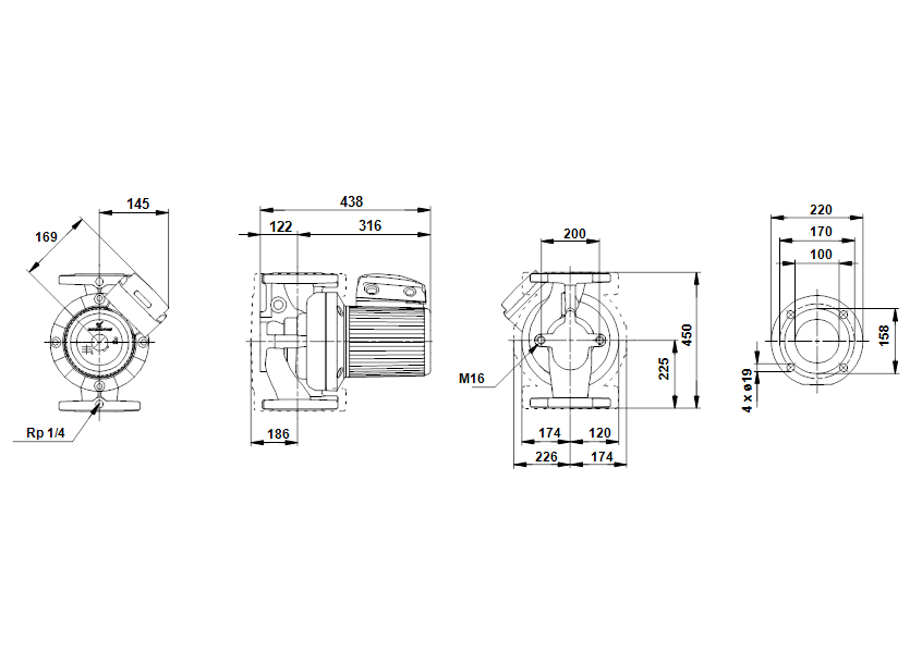 Габаритные размеры насоса Grundfos UPS 100-30 F 3x400-415V 50Hz PN6 артикул: 96402503 Габаритные размеры насоса Grundfos UPS 100-30 F 3x400-415V 50Hz PN6 артикул: 96402503