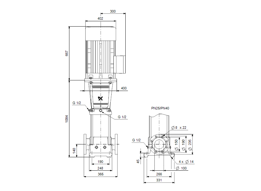 Габаритные размеры насоса Grundfos CR 64-6-2 A-F-A-E-EUBE артикул: 96407744