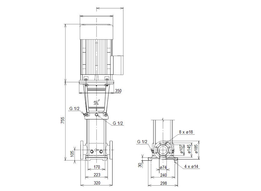 Габаритные размеры насоса Grundfos CR 32-3 A-F-A-E-EUBE артикул: 96410269