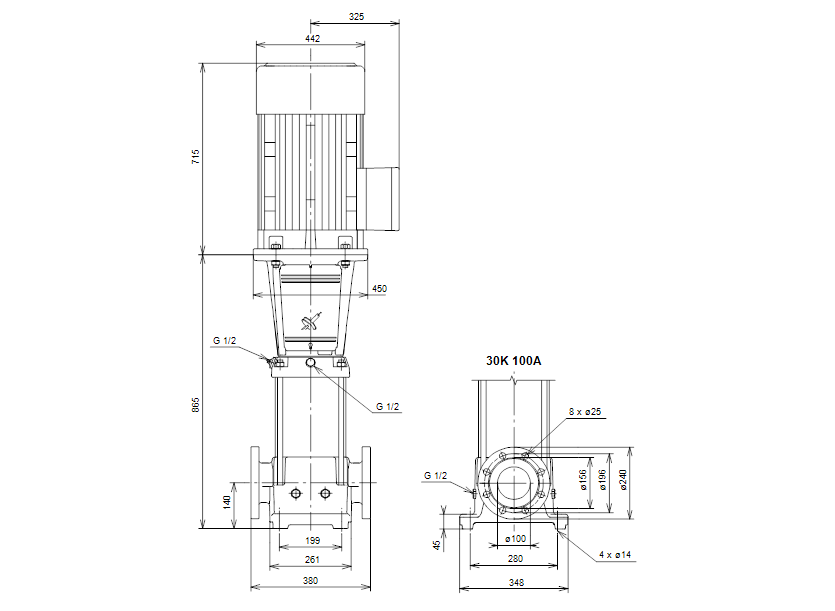 Габаритные размеры насоса Grundfos CR 90-3 A-J-A-E-EUHE артикул: 96415199