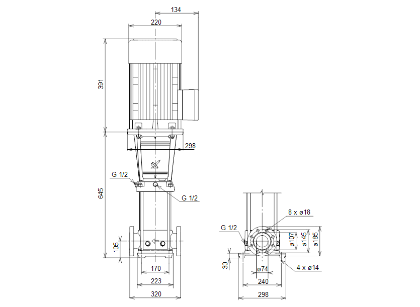 Габаритные размеры насоса Grundfos CR 32-3-2 A-F-A-E-EUBE артикул: 96420973