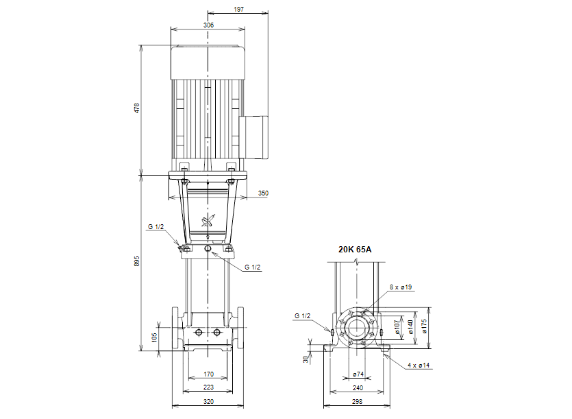 Габаритные размеры насоса Grundfos CR 32-5-2 A-J-A-E-EUBE артикул: 96421074