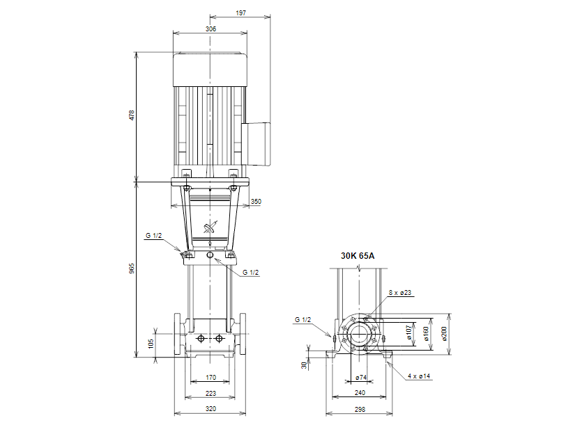 Габаритные размеры насоса Grundfos CR 32-6-2 A-J-A-V-EUBV артикул: 96421084