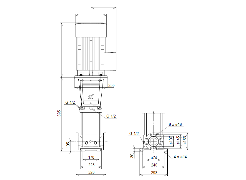Габаритные размеры насоса Grundfos CR 32-5-2 A-F-A-V-EUUV артикул: 96422257
