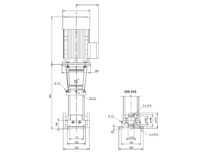 Габаритные размеры насоса Grundfos CR 32-6 A-J-A-V-EUUV артикул: 96422451