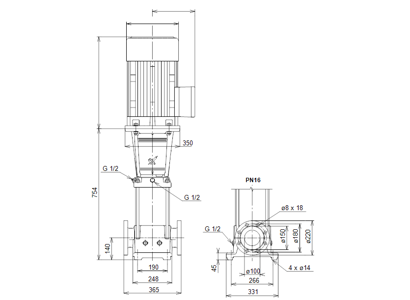Габаритные размеры насоса Grundfos CR 64-2-2 A-F-A-V-EUUV артикул: 96422619