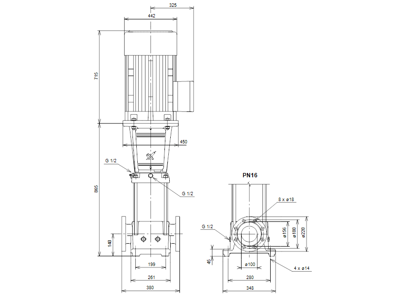 Габаритные размеры насоса Grundfos CR 90-3 A-F-A-V-EUUV артикул: 96424437