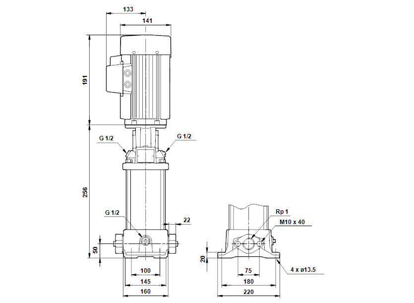 Габаритные размеры насоса Grundfos CR 1-3 A-A-A-V-HUUV артикул: 96450416 Габаритные размеры насоса Grundfos CR 1-3 A-A-A-V-HUUV артикул: 96450416