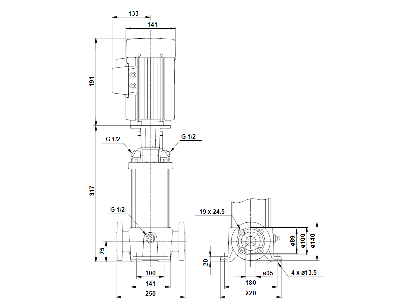 Габаритные размеры насоса Grundfos CR 1-5 A-FGJ-A-E-HUBE артикул: 96450521