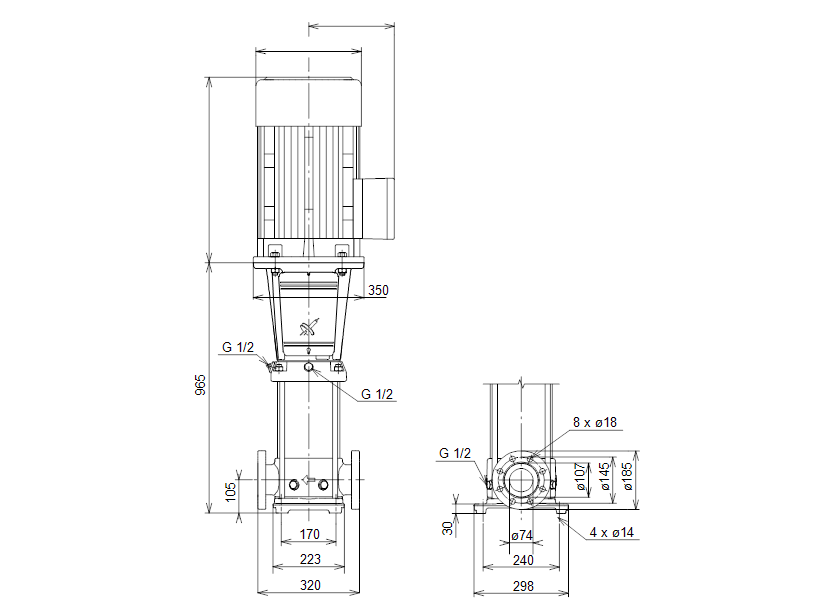 Габаритные размеры насоса Grundfos CR 32-6 A-F-A-E-EUBE артикул: 96468977