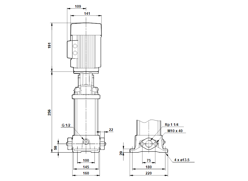 Габаритные размеры насоса Grundfos CR 5-2 A-A-A-E-HUBE артикул: 96469393