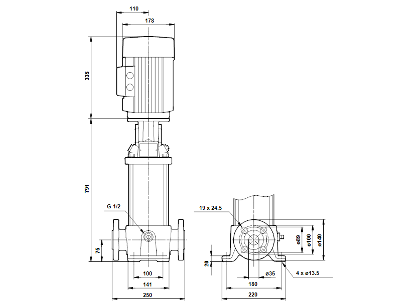 Габаритные размеры насоса Grundfos CR 5-20 A-FGJ-A-E-HUBE артикул: 96469565