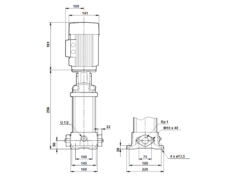 Габаритные размеры насоса Grundfos CR 1S-3 A-A-A-E-HQQE артикул: 96473758