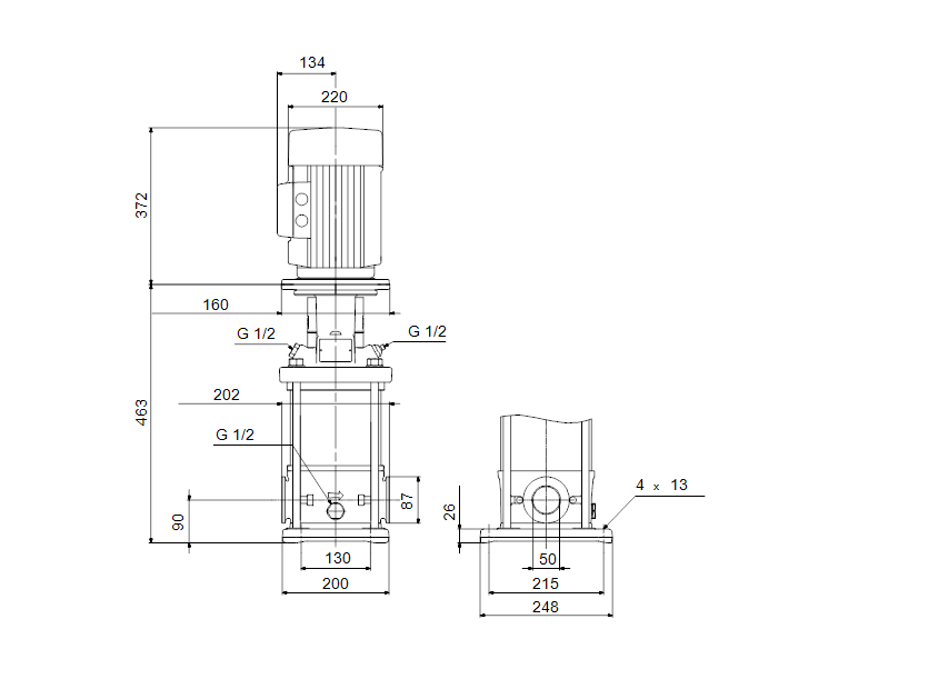 Габаритные размеры насоса Grundfos CRN 20-3 A-CA-A-E-HQQE артикул: 96500581 Габаритные размеры насоса Grundfos CRN 20-3 A-CA-A-E-HQQE артикул: 96500581