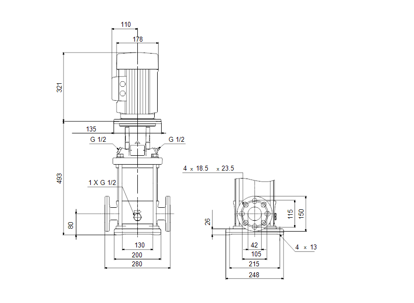 Габаритные размеры насоса Grundfos CRN 10-6 A-FGJ-A-V-HQQV артикул: 96501391